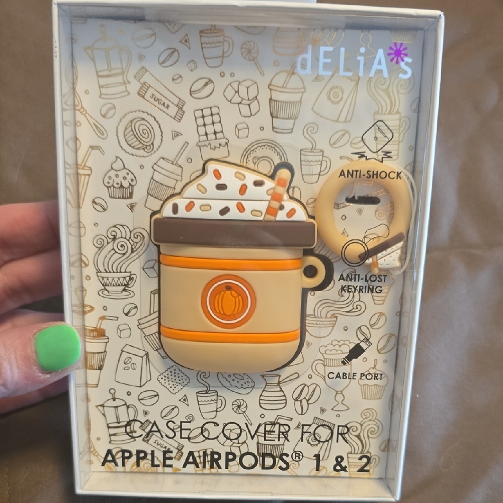 dELiA*s Orange and Brown AirPods Cover with Cartoon Coffee Design